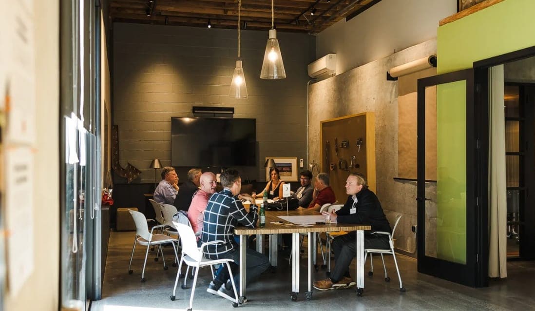 A small team breakout, garage door open